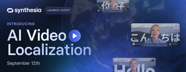 AI video localization event banner with date (september 12th) and several graphics displaying multiple language scripts